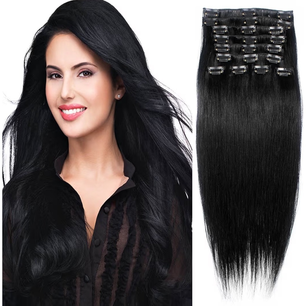 Remy Human Hair Clip in Hair Extension 22 Inches 7 pieces Color Natural Black
